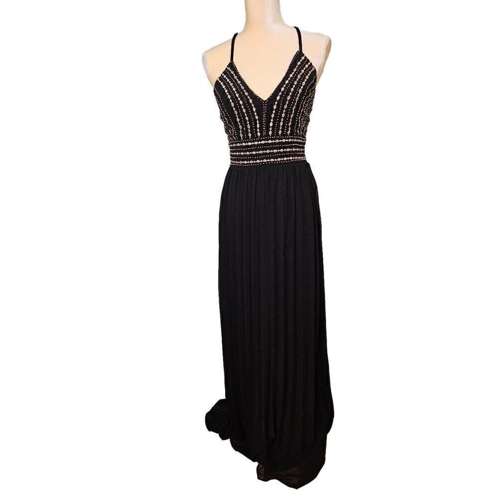 Lulus black with gold accents crossback spaghetti strap gown. Size M.